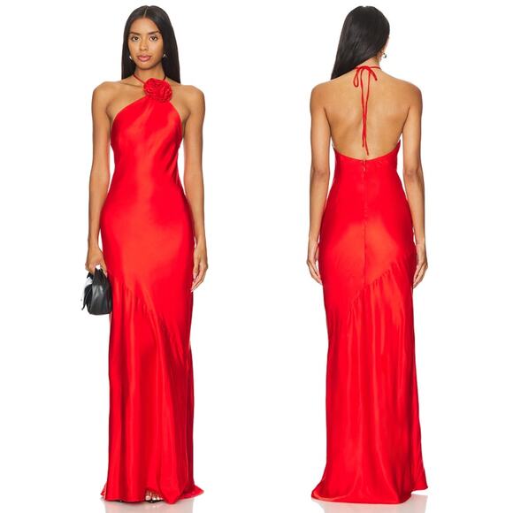 Lovers and Friends | Inara Gown in Red Rosette Halter Neck Satin Maxi Dress M - Picture 1 of 15